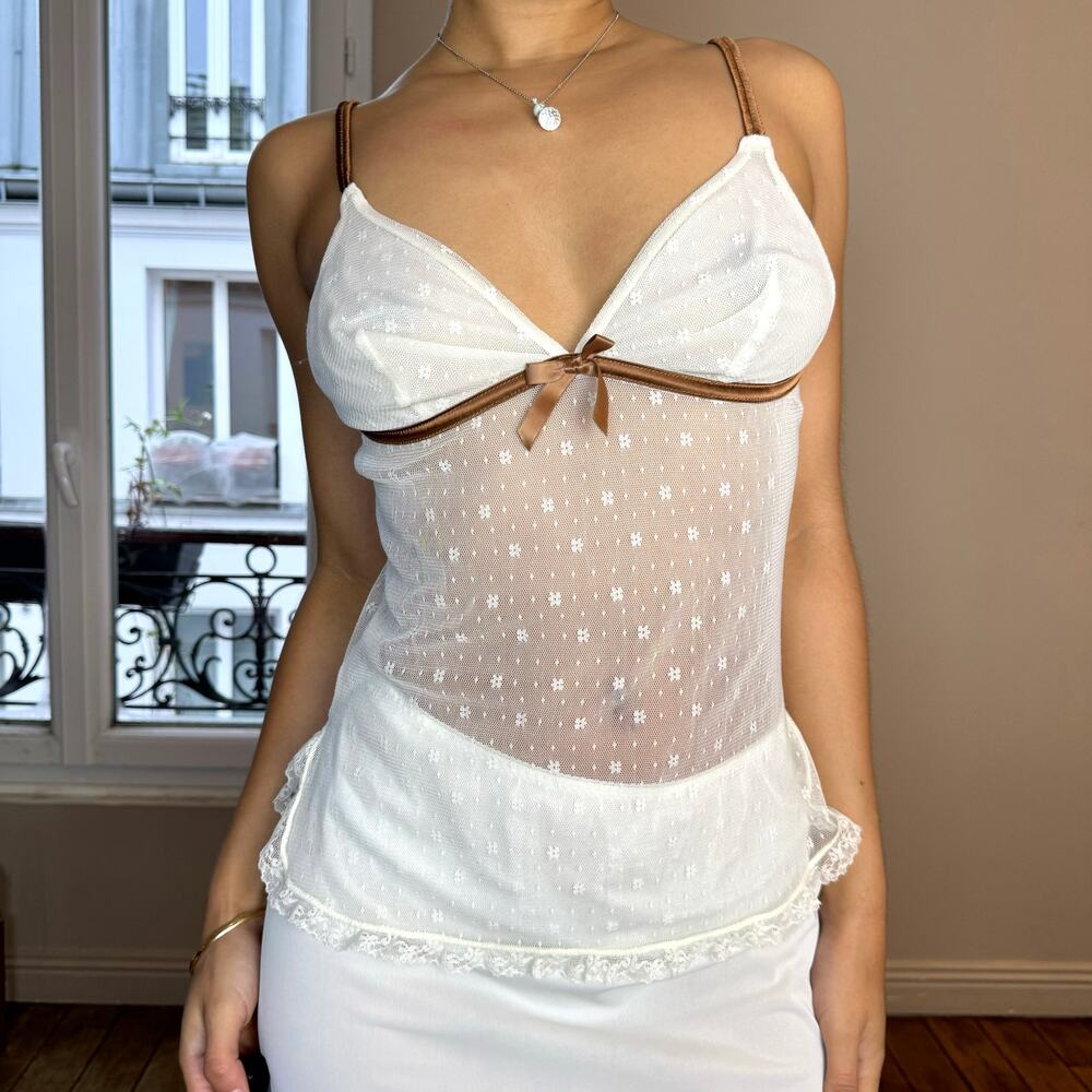 Vintage Y2K Boho Sheer Lace Cami Tank with Brown Trim (S) cottage western